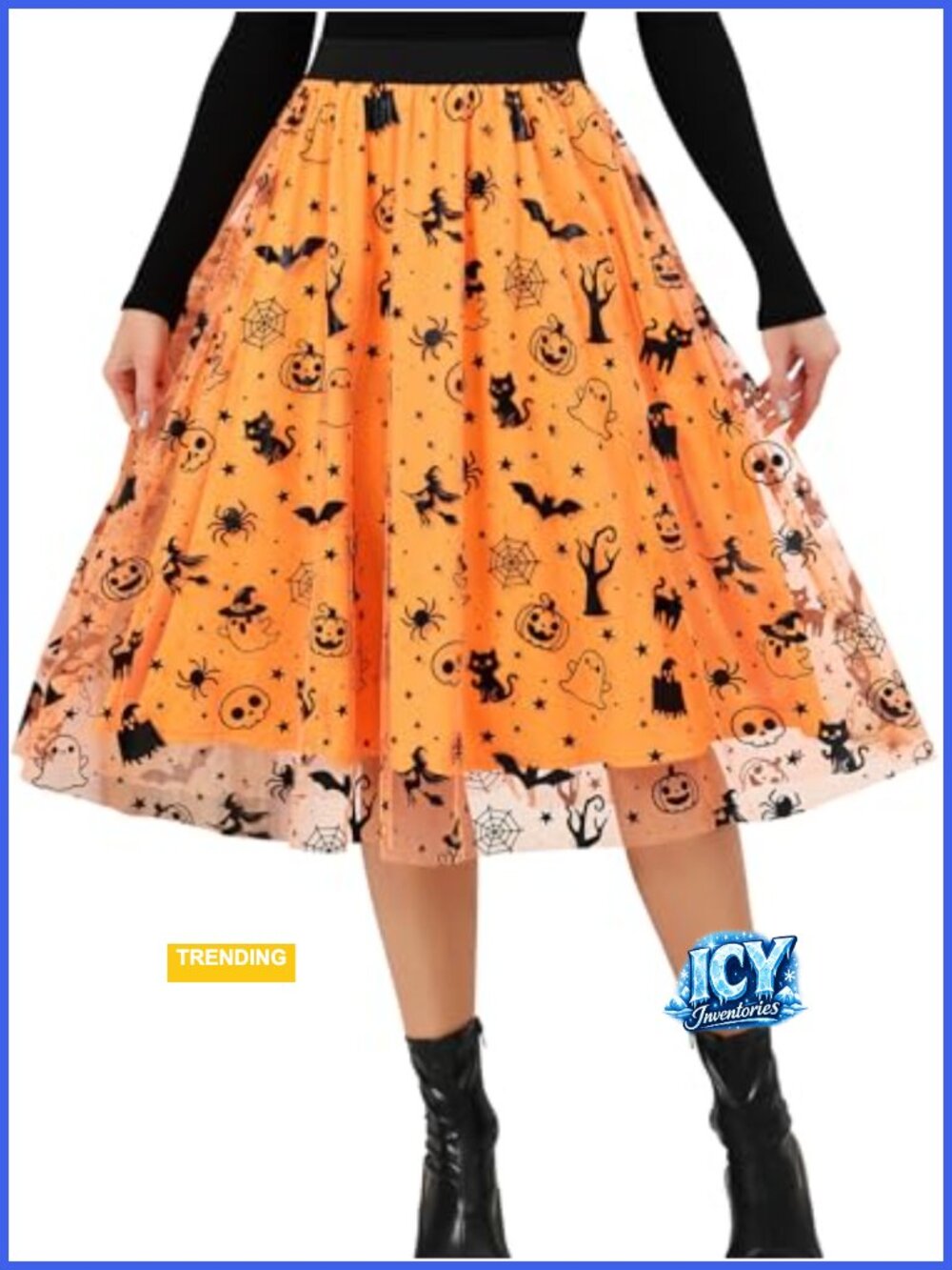 Women's Halloween Skirt Pumpkin Ghost Print Tulle Midi Tutu Elastic Waist